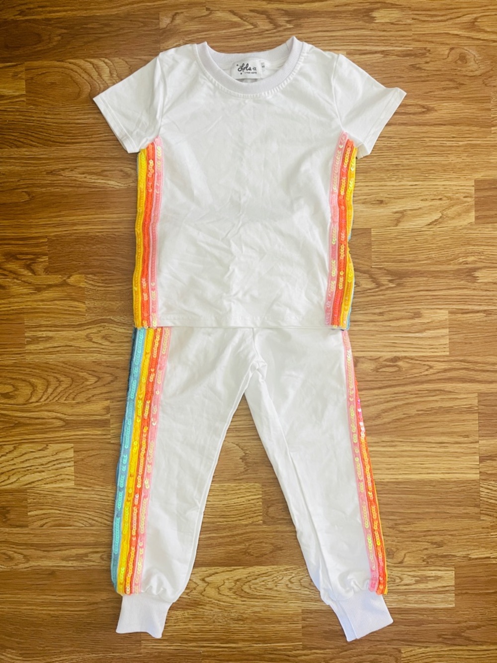 Lola + The Boys White Tee & Jogger Set with Rainbow Side Stripes